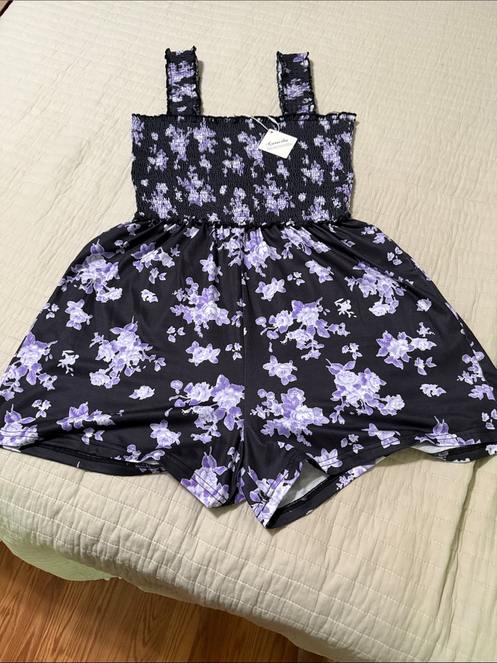 Caracilia  juniors ' Black & Purple Floral Romper - Smocked Top size small NWT